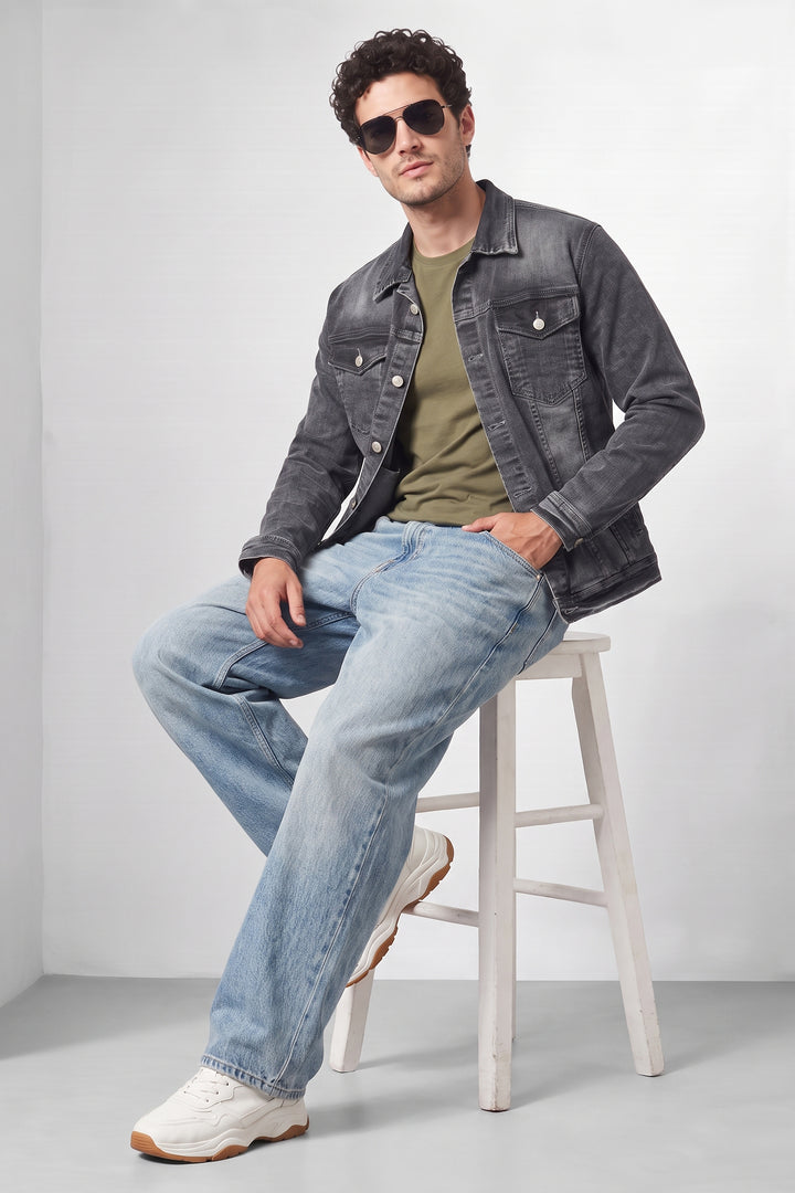Dark Grey Classic Denim Trucker Jacket with Button Closure