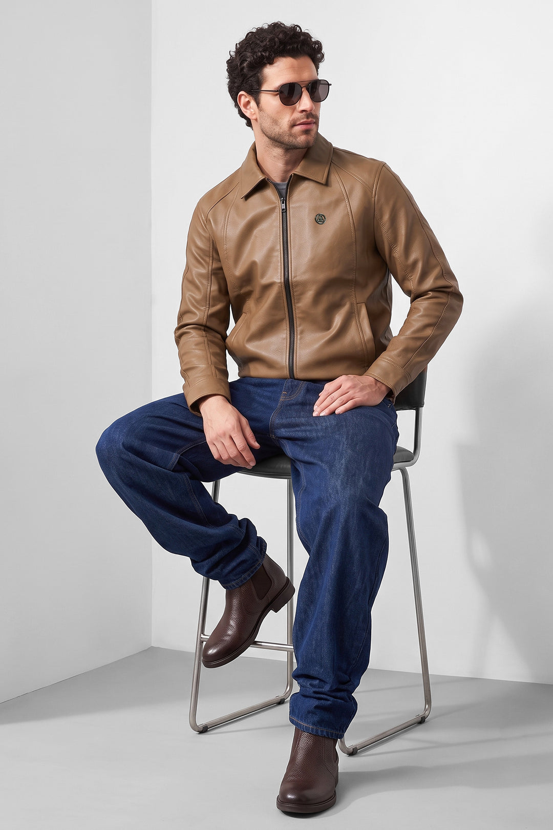Brown Textured Faux Leather Zip-Front Jacket