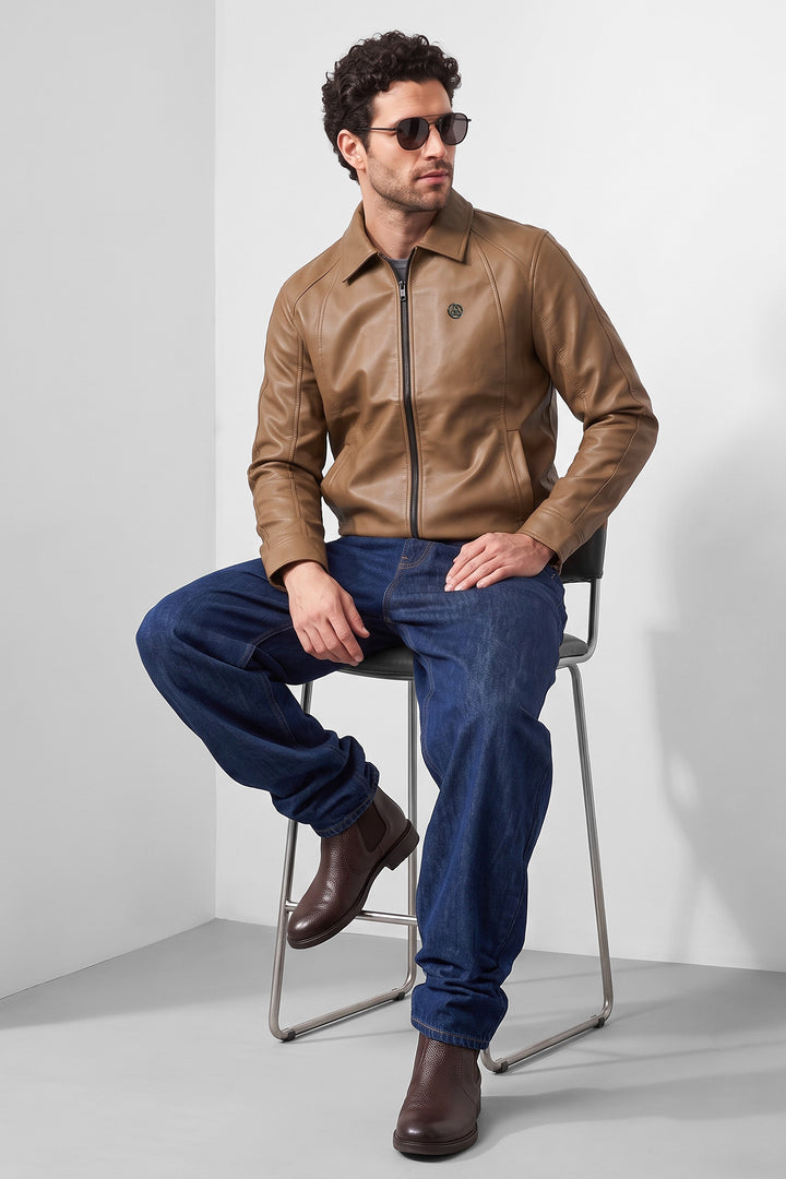 Brown Textured Faux Leather Zip-Front Jacket