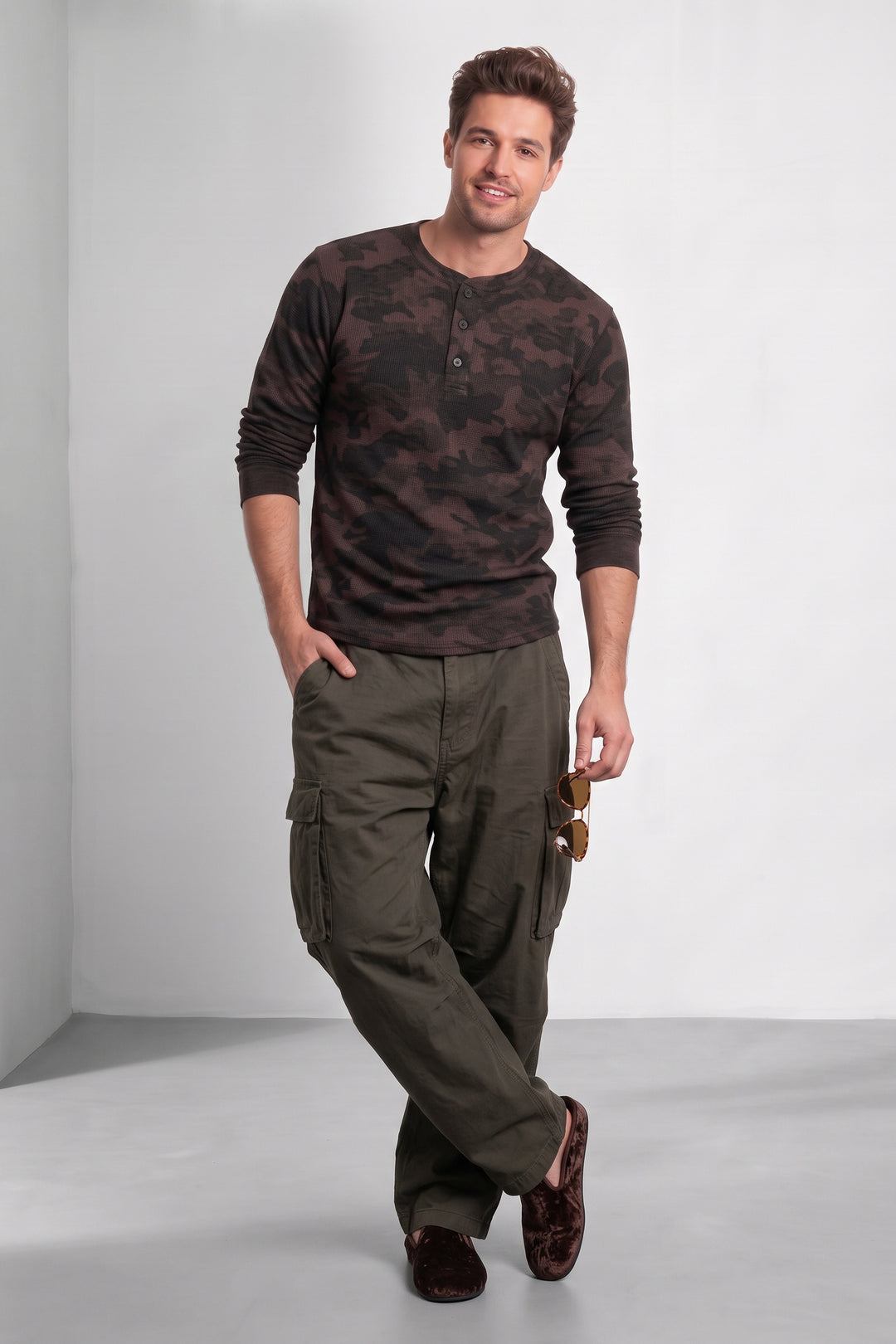 Grey Multi Self Waffle Knit Henley T-Shirt