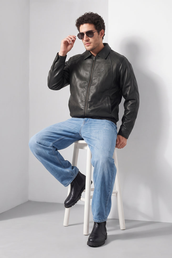 Black Textured Faux Leather Zip-Front Jacket