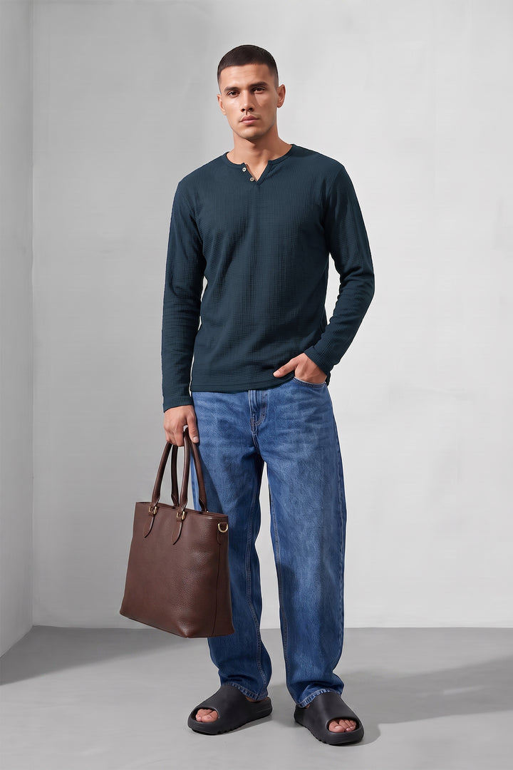 Navy Blue Cotton Knit Full Sleeve Henley T-Shirt