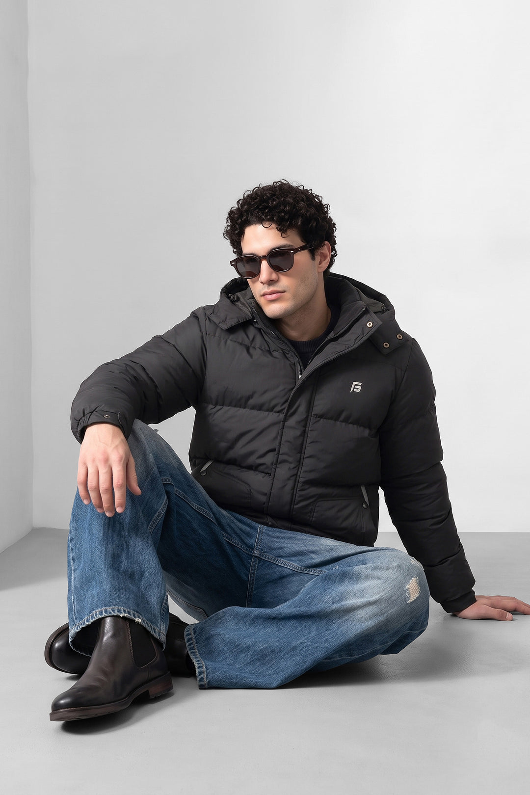 Grey Hooded Padded Winter Jacket with Detachable Hood