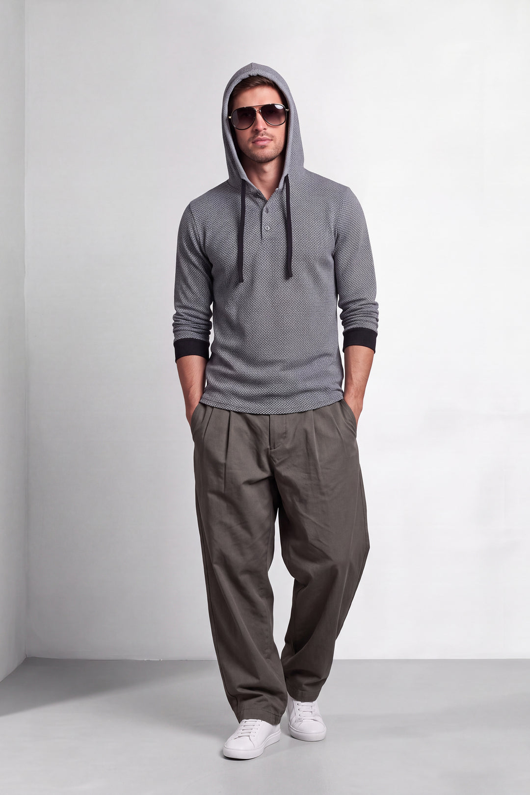 Grey Black Self design Placket Hooded T-Shirt