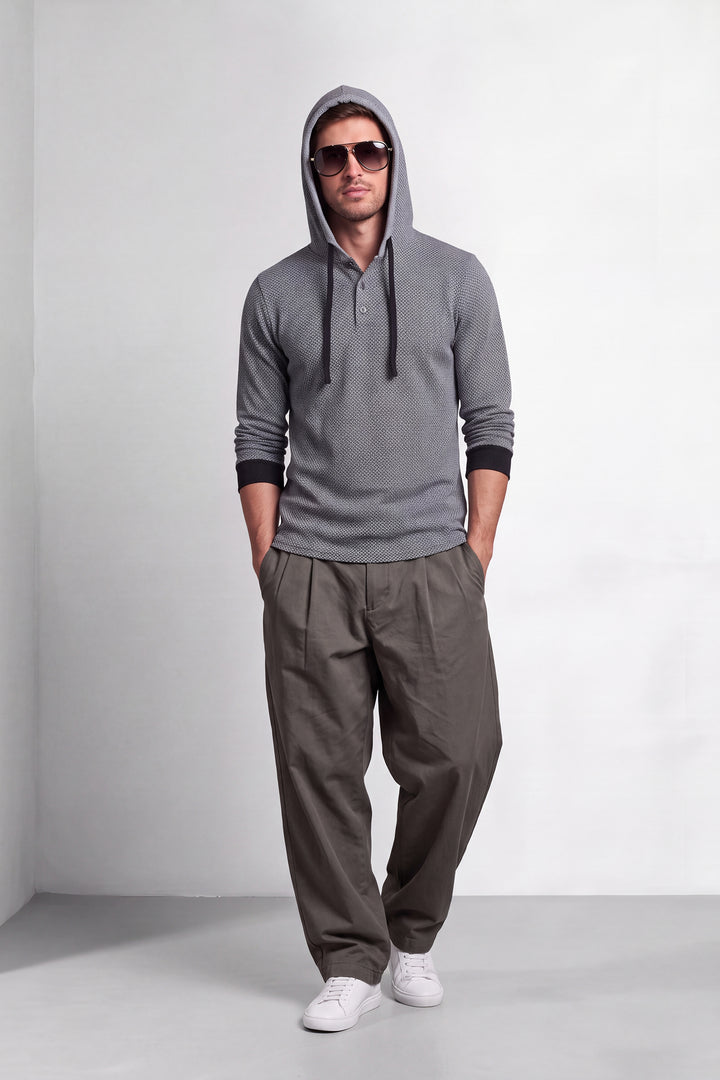 Grey Black Self design Placket Hooded T-Shirt