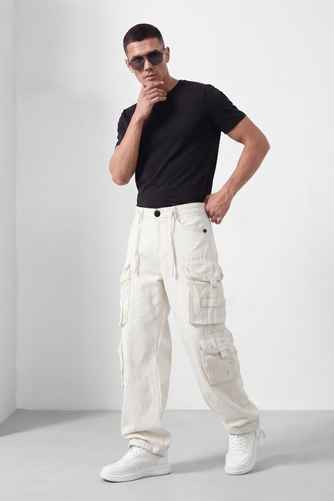 White Mens Solid 8-Pocket Cotton Cargo Pant
