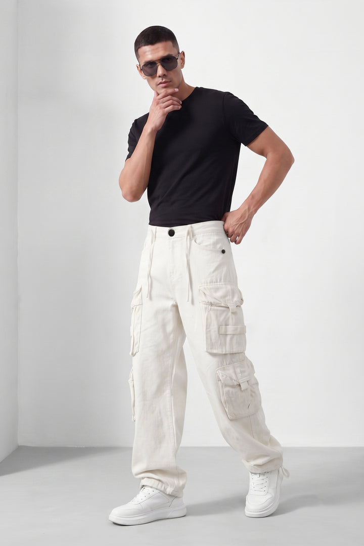 White Mens Solid 8-Pocket Cotton Cargo Pant