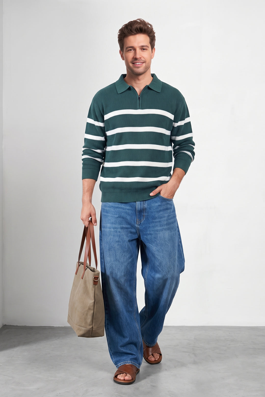 Green Men Regular Fit Flat Knit Striped Collar Neck Pullover