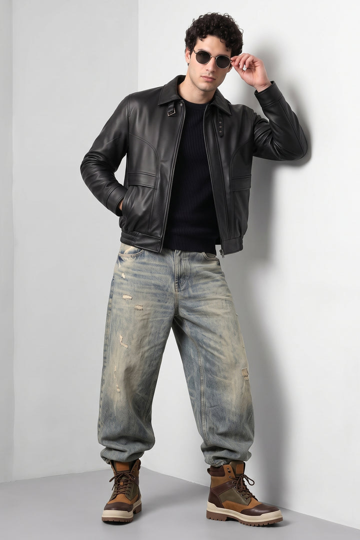 Black Textured Faux Leather Heavy Jacket