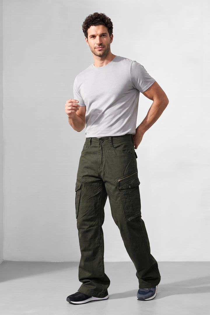 Olive Green Premium Utility Cargo Trousers with 6-Pocket Design