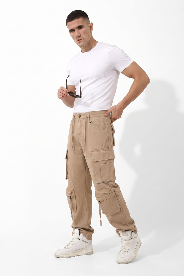 Gritstones Men's Beige Utility 10 Pocket Cargo Pants