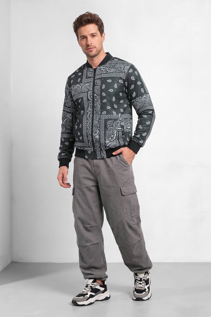 Black Digital Printed Regular Fit Bomber Jacket