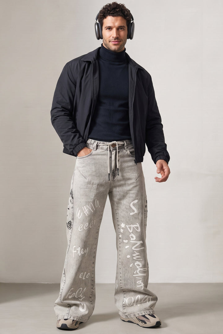 Light Grey Typographic Barrel Denim Jeans with Contrast Drawstring Detail