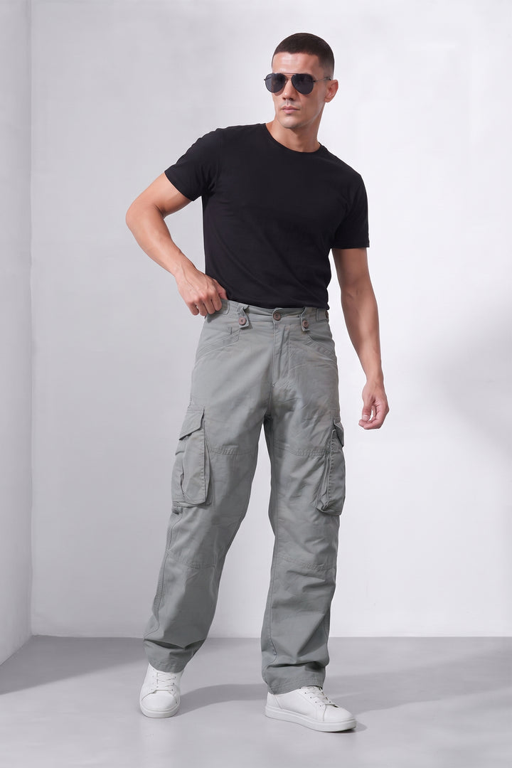 Grey Men 8 Multi Pocket Cotton Cargo Trousers