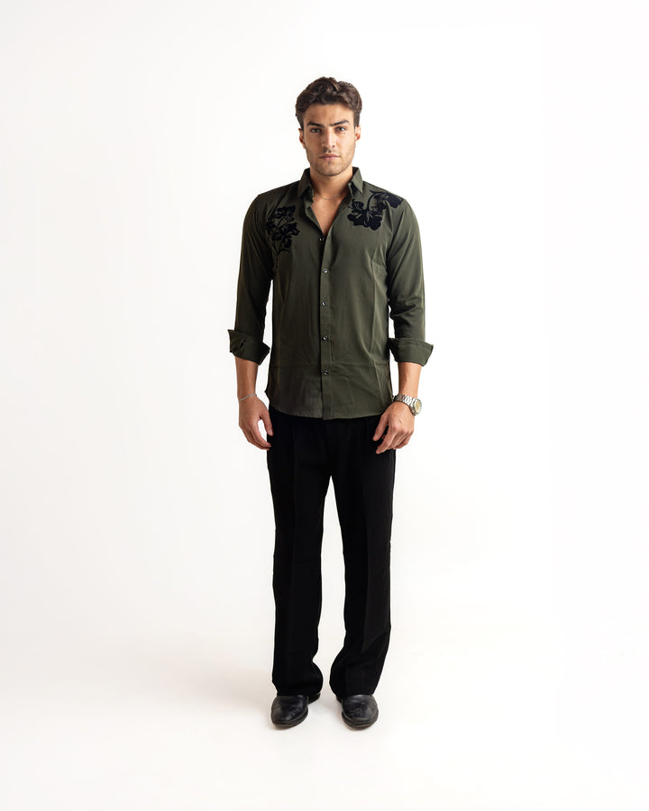 Olive Flocking Flowy Japanese Shirt
