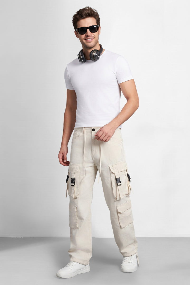White Multi Mens 8 Pocket Cargo Pants