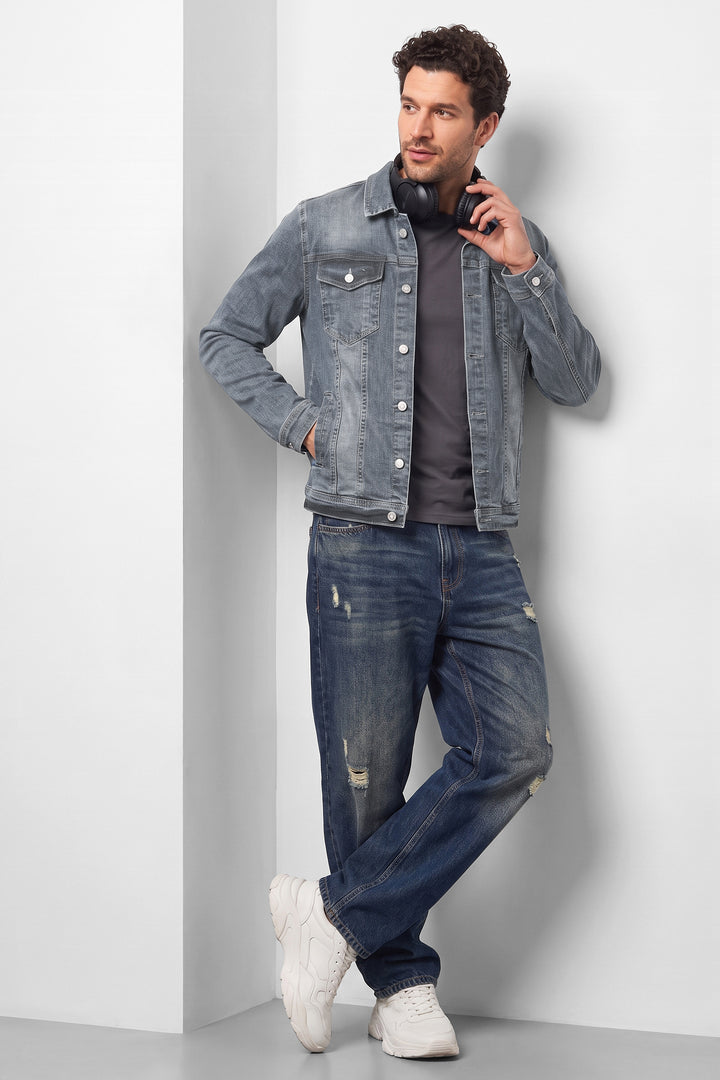 Dark Blue Classic Denim Trucker Jacket with Button Closure