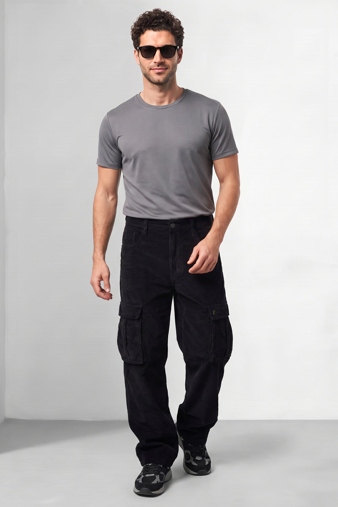 Black Premium Corduroy 6-Pocket Cargo Trousers