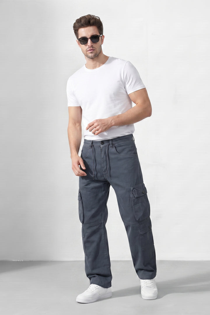 Grey Mens Solid 8-Pocket Cotton Cargo Pant