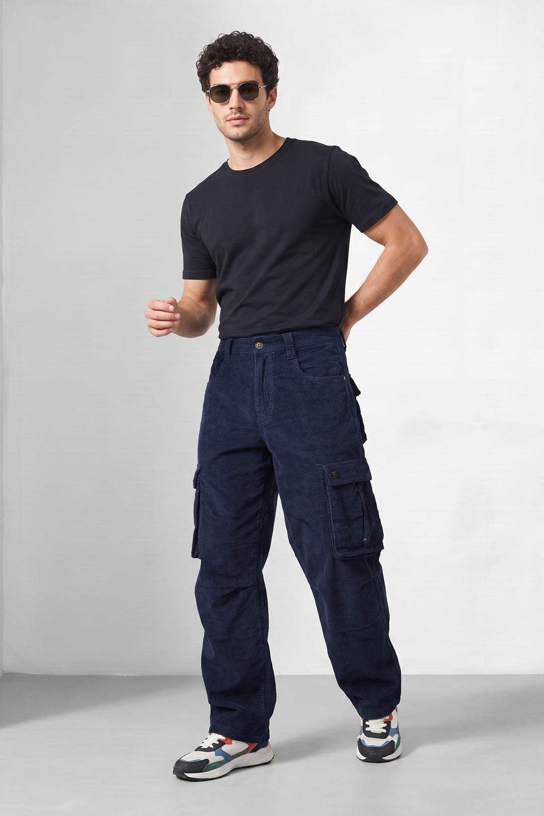 Navy Blue Premium Corduroy 6-Pocket Cargo Trousers