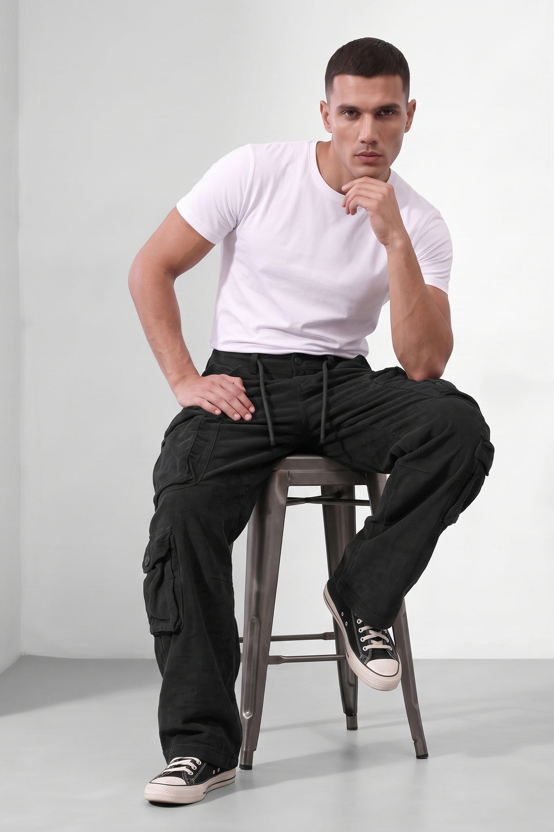 Black Men 8 Multi Pocket Coudroy Cargos