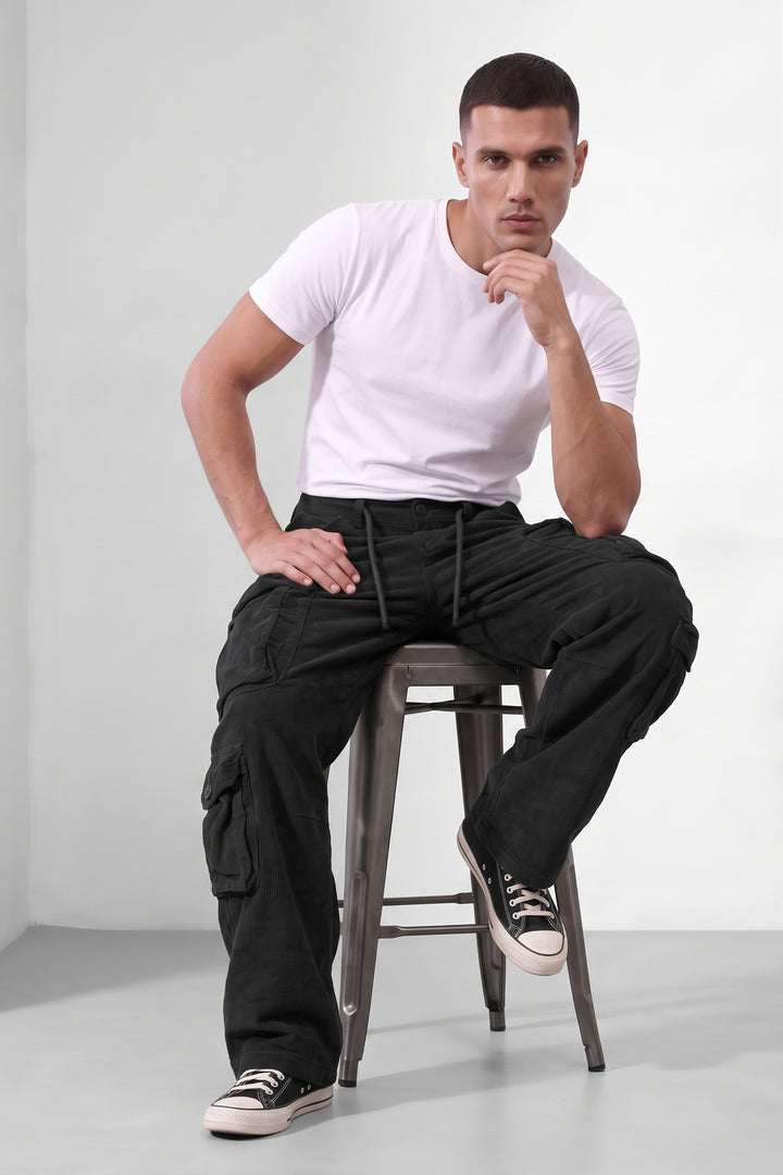 Black Men 8 Multi Pocket Coudroy Cargos
