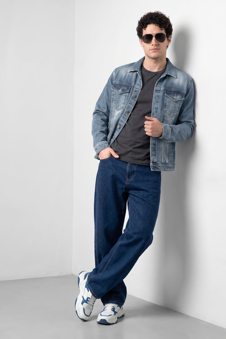 Blue Classic Denim Trucker Jacket with Button Closure