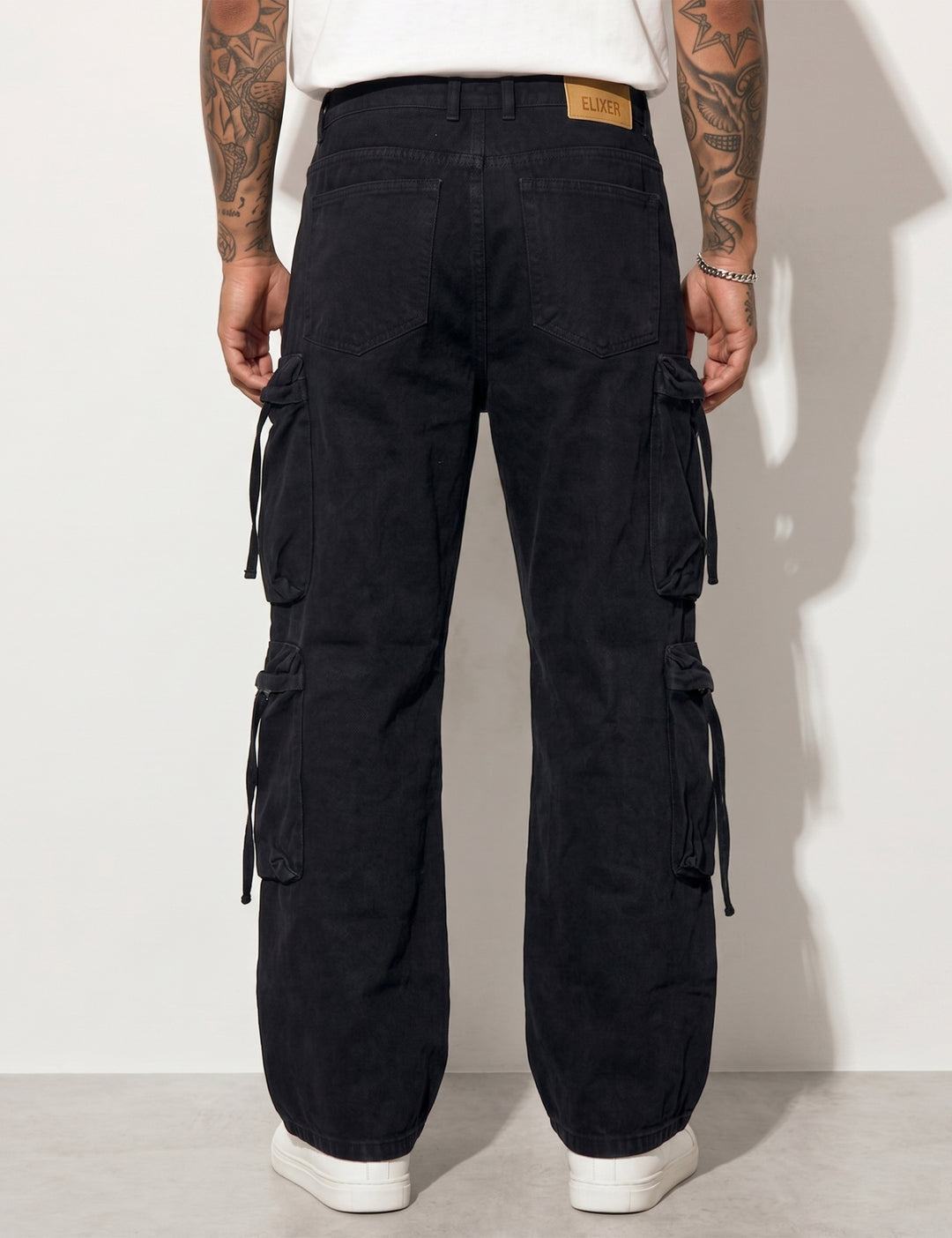 Black Men Button Closure Denim Cargo