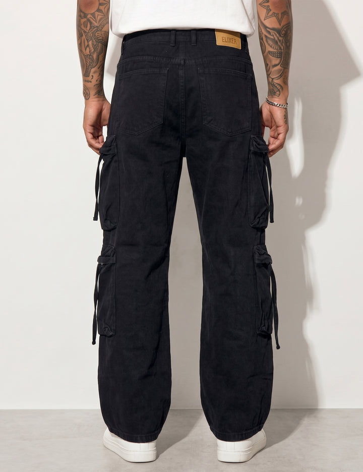 Black Men Button Closure Denim Cargo