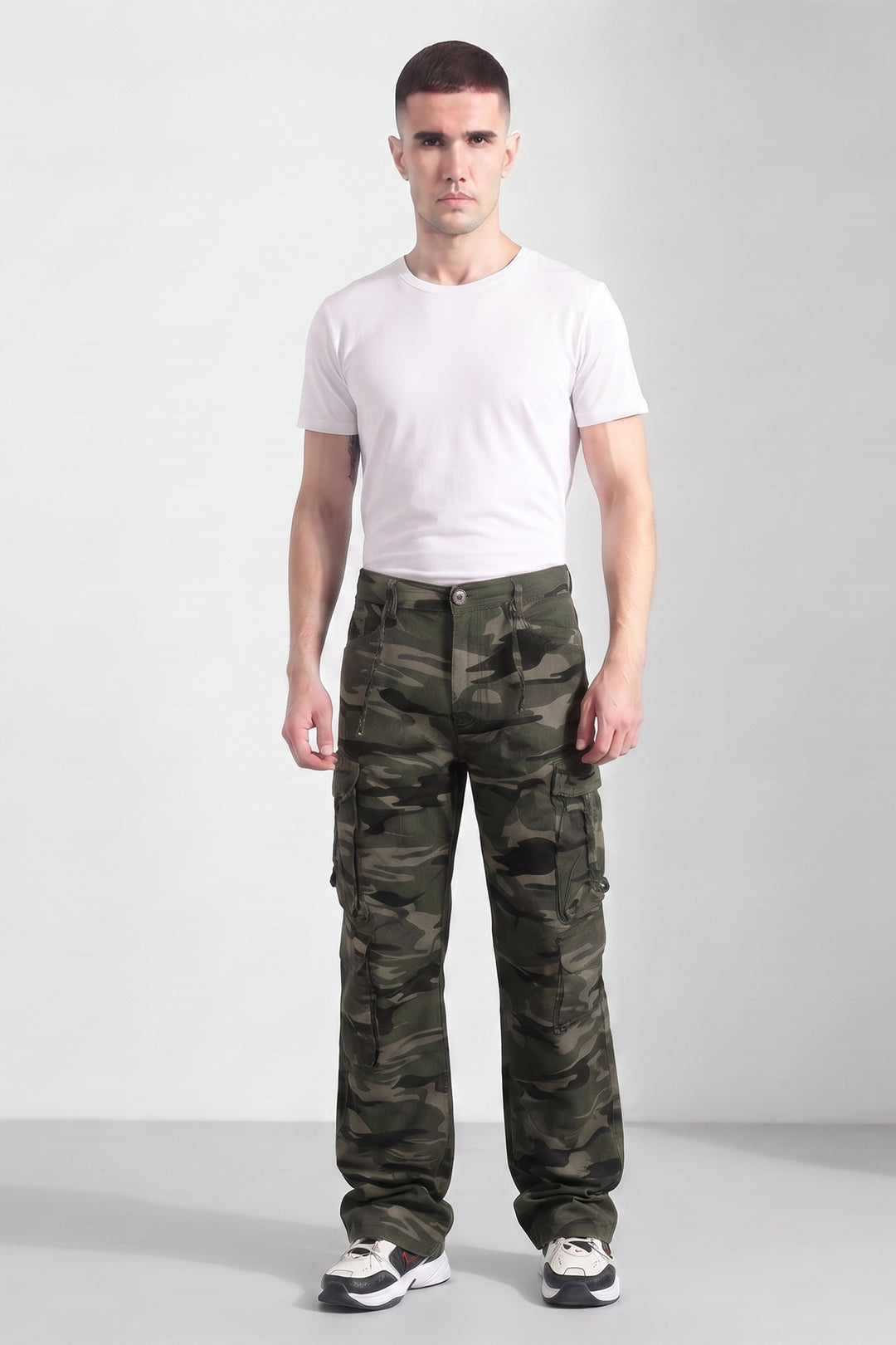 Olive Mens Camouflage 8-Pocket Cotton Cargo Pant