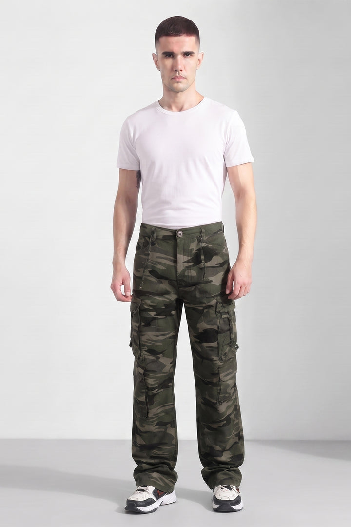 Olive Mens Camouflage 8-Pocket Cotton Cargo Pant