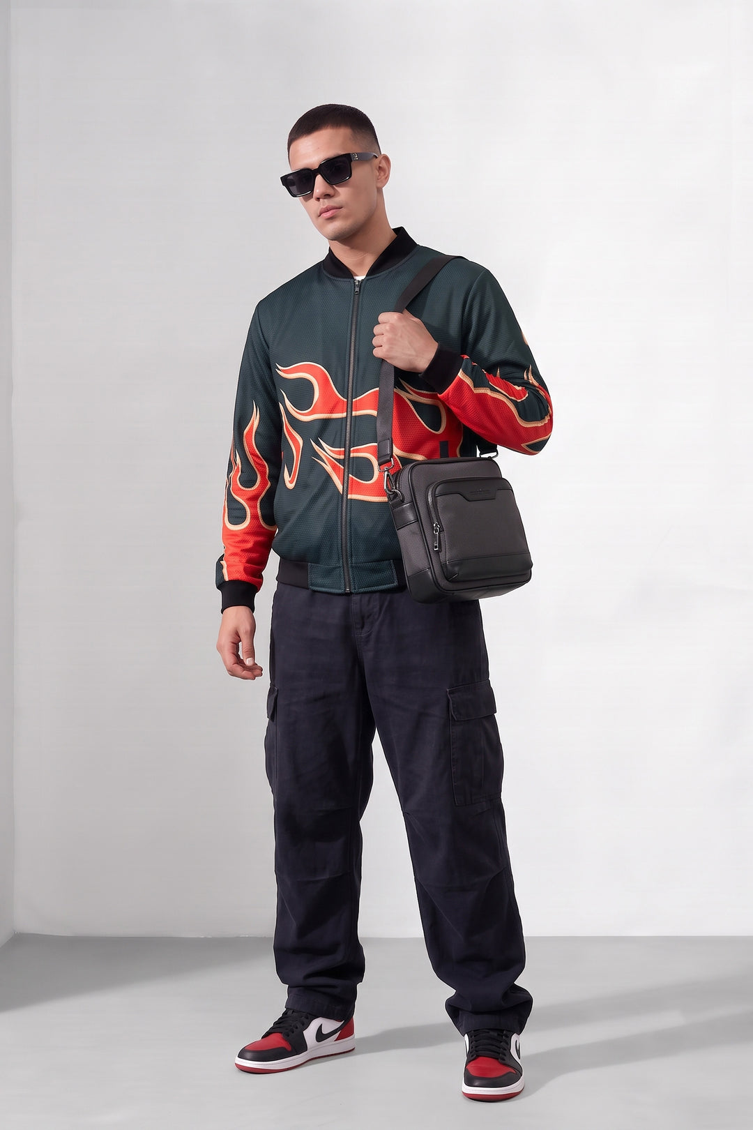 Black Fire Printed Regular Fit Bomber Jacket
