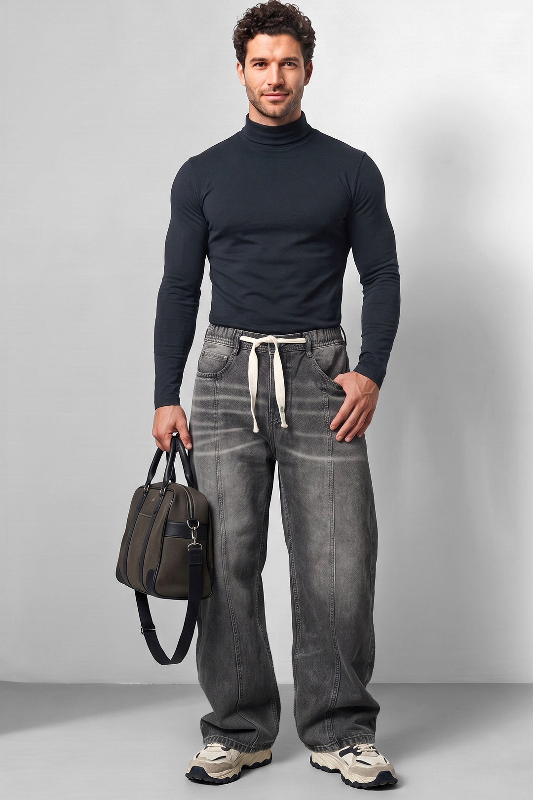 Dark Grey Barrel Denim Jeans with Contrast Drawstring Detail