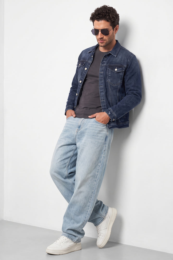 Navy Classic Denim Trucker Jacket with Button Closure