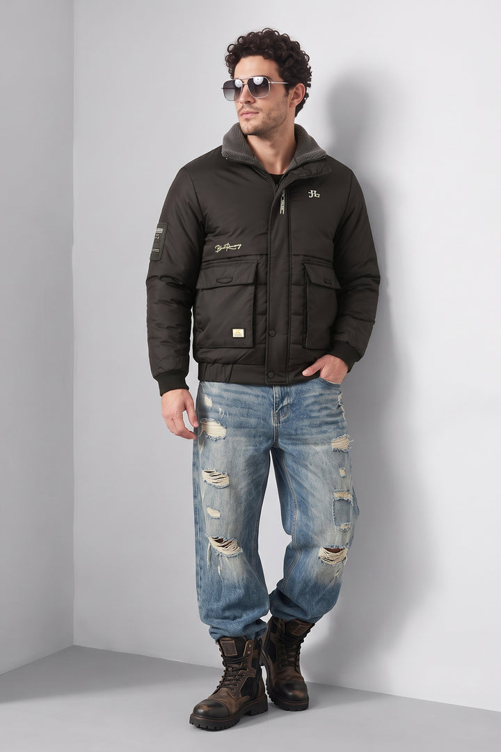 Black Quilted Puffer Jacket with Fur Collar