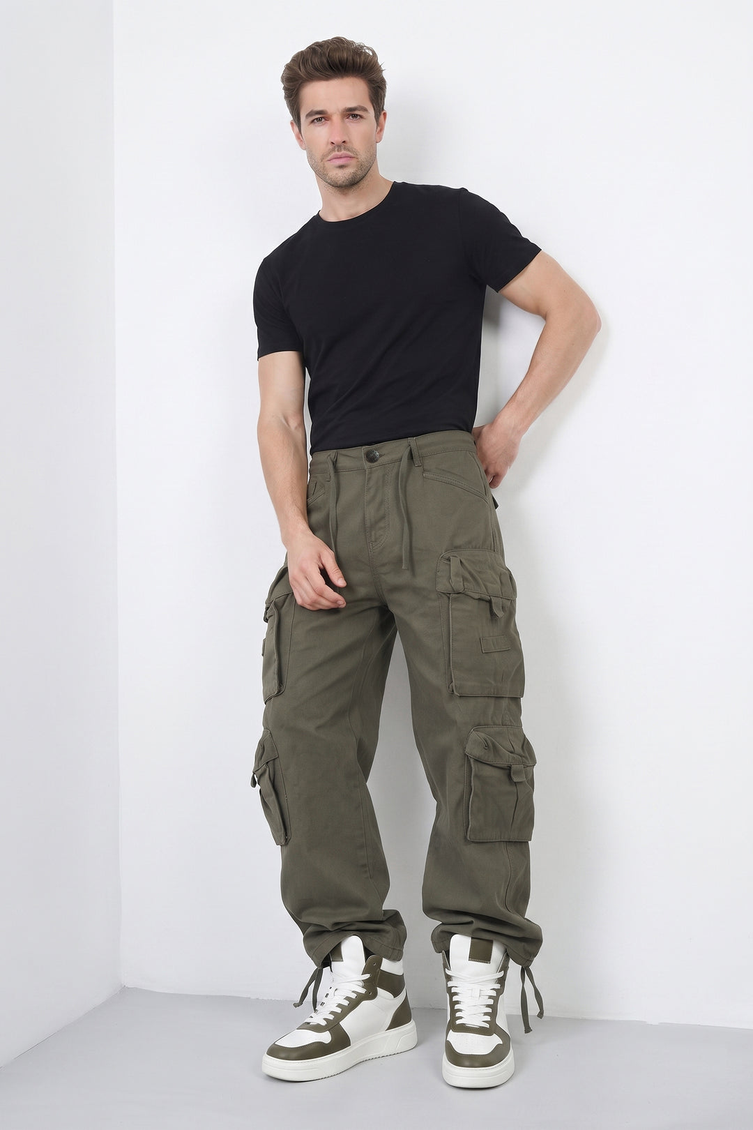Olive Green Mens Solid 8-Pocket Cotton Cargo Pant