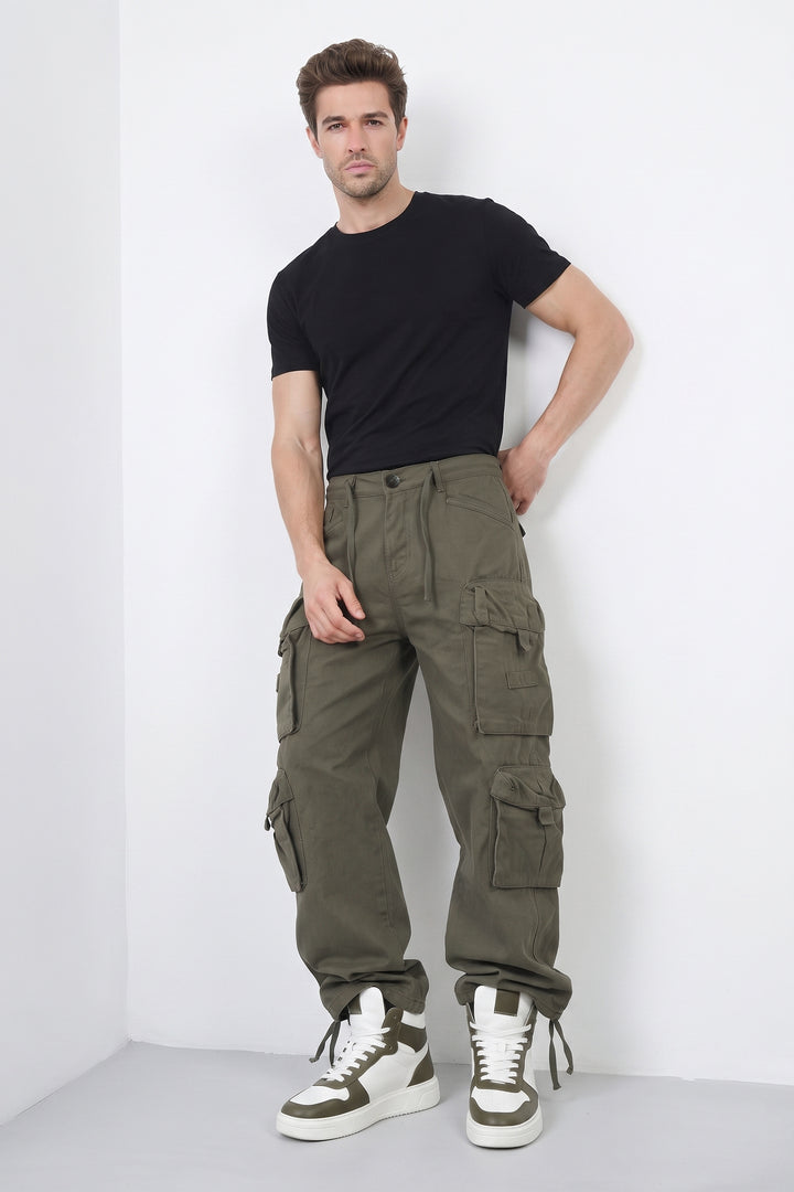 Olive Green Mens Solid 8-Pocket Cotton Cargo Pant