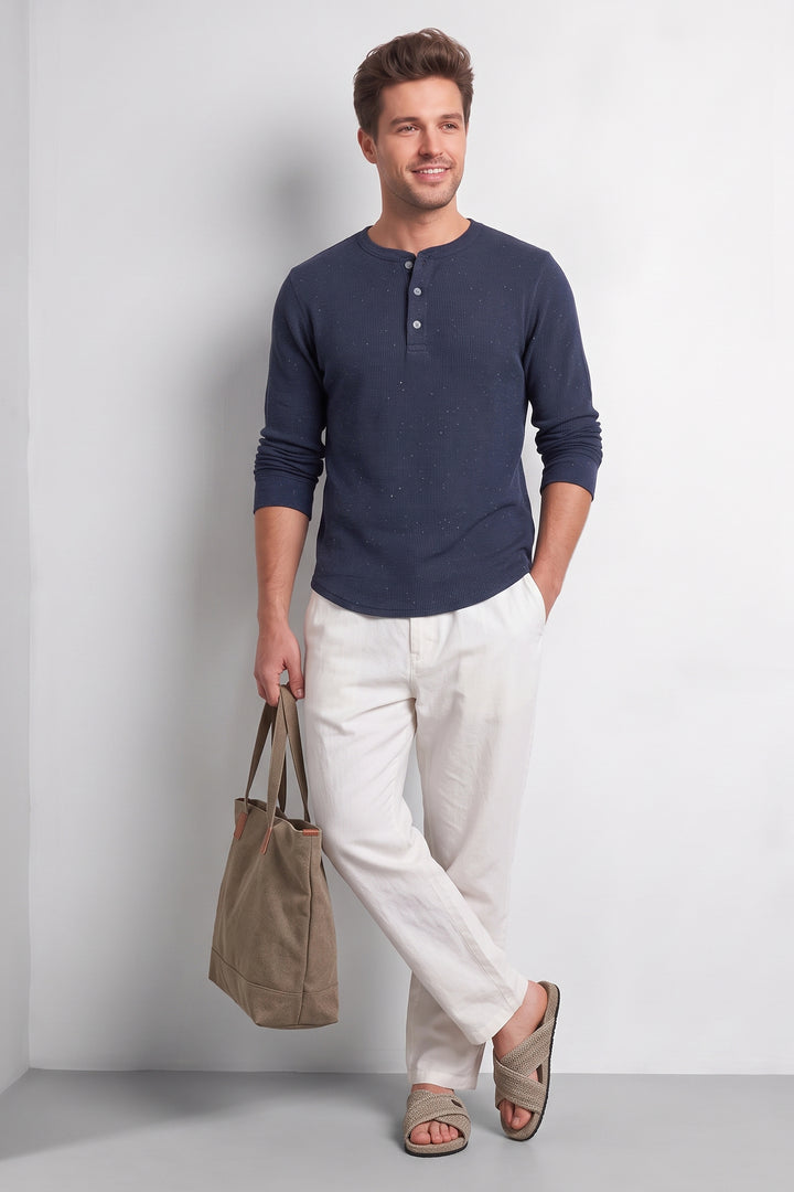 Navy Blue Self Waffle Knit Henley T-Shirt
