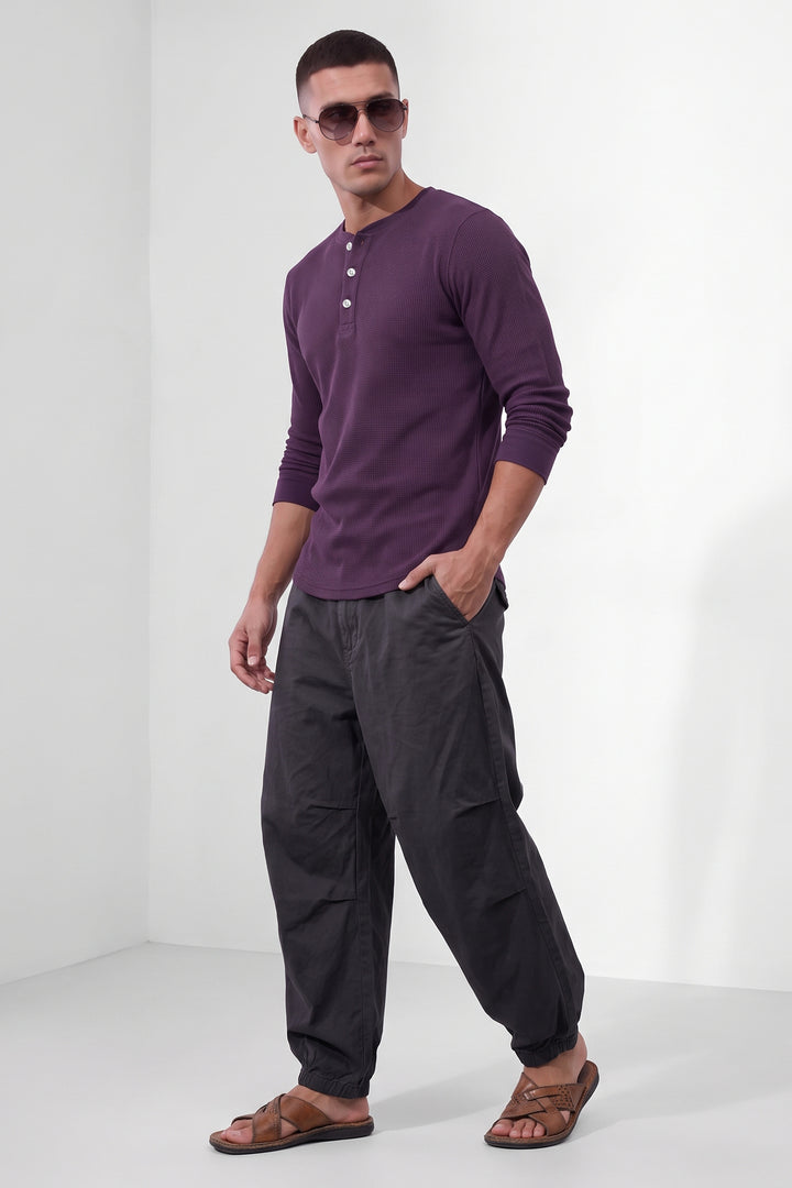 Purple Self Waffle Knit Henley T-Shirt