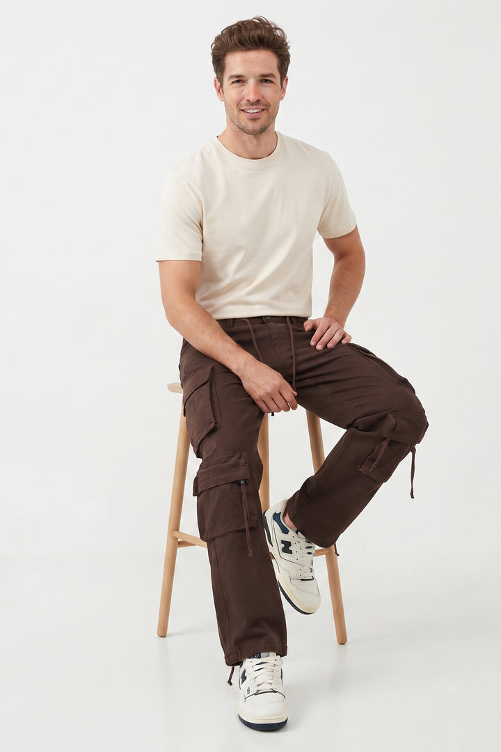 Gritstones Men's Brown Utility 10 Pocket Cargo Pants