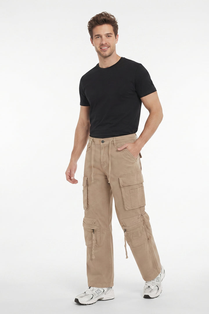 Gritstones Men's Cream Utility 10 Pocket Cargo Pants