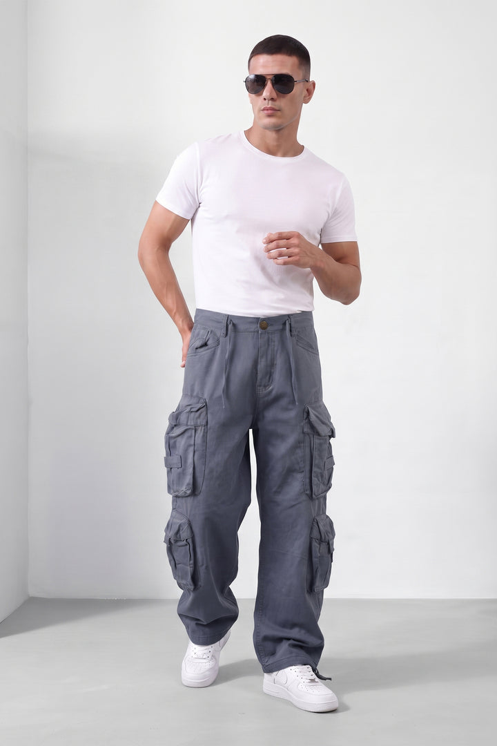 Steel Grey Mens Solid 8-Pocket Cotton Cargo Pant