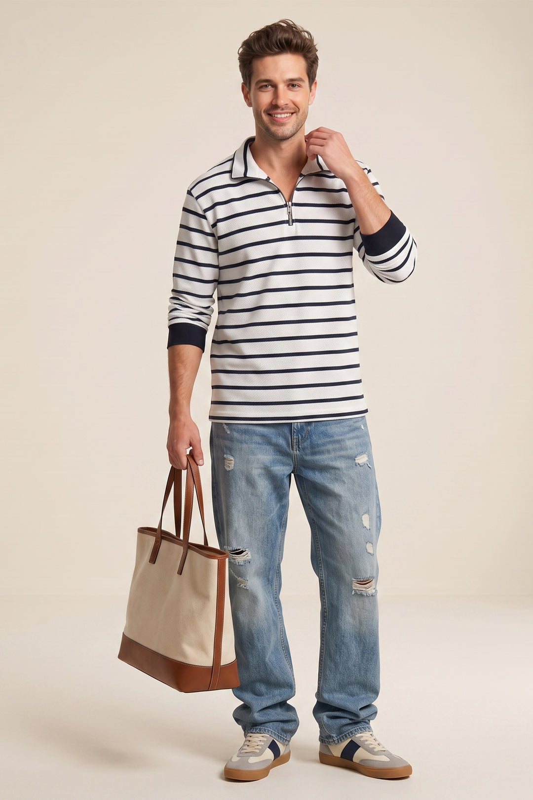 White Full Sleeve Striped Zipper T-Shirt
