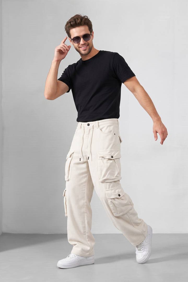 Cream Men 8 Multi Pocket Coudroy Cargos