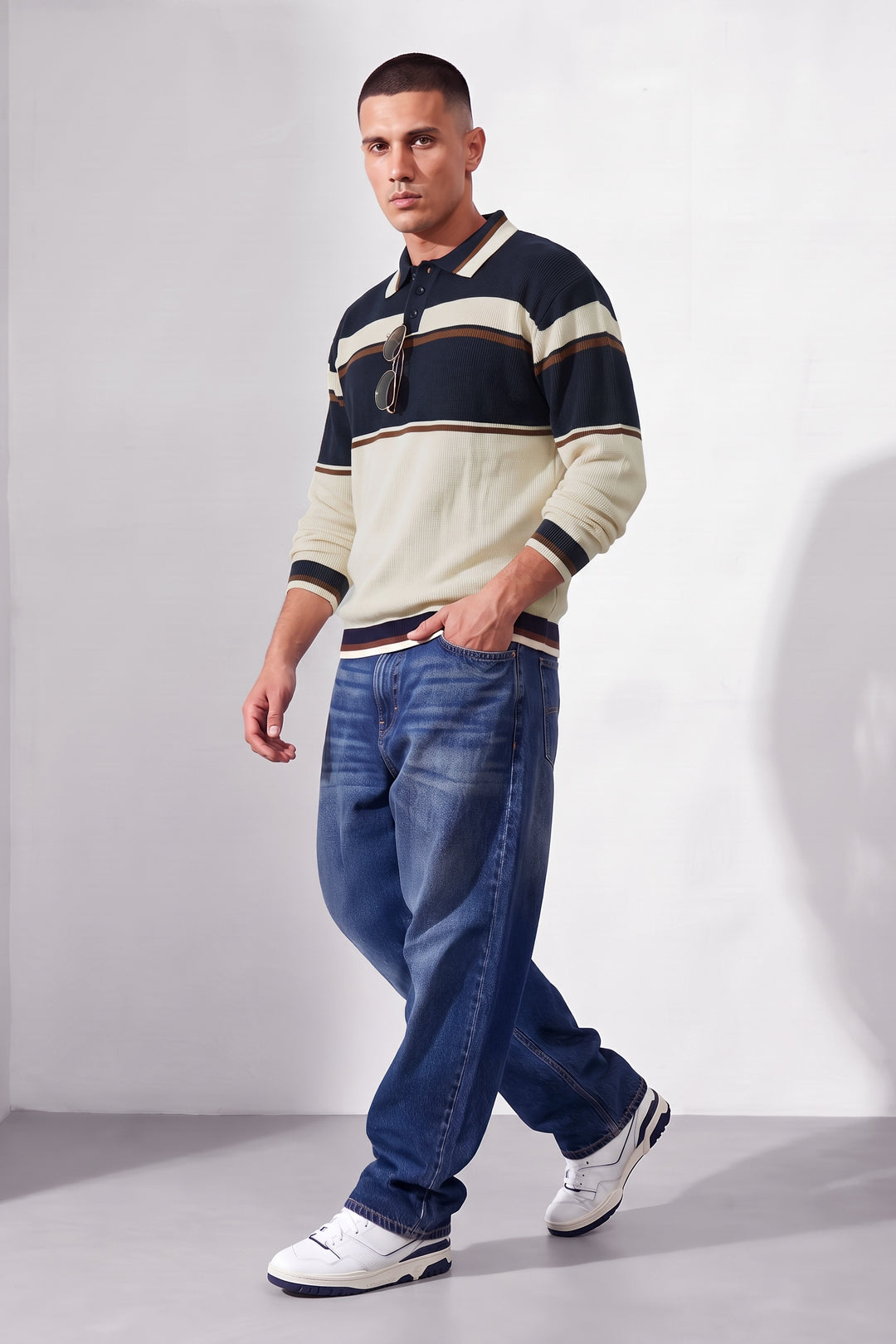 Navy White Men Regular Fit Flat Knit Striped Polo Neck Pullover