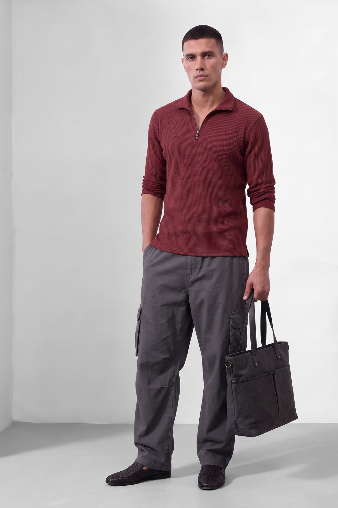 Maroon Self Design Zipper T-Shirt