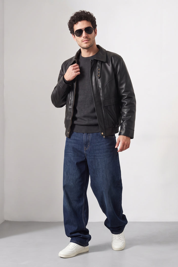 Black Textured Faux Leather Heavy Jacket