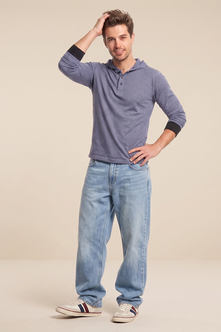 Grey Hooded Full Sleeve Cotton T-Shirt