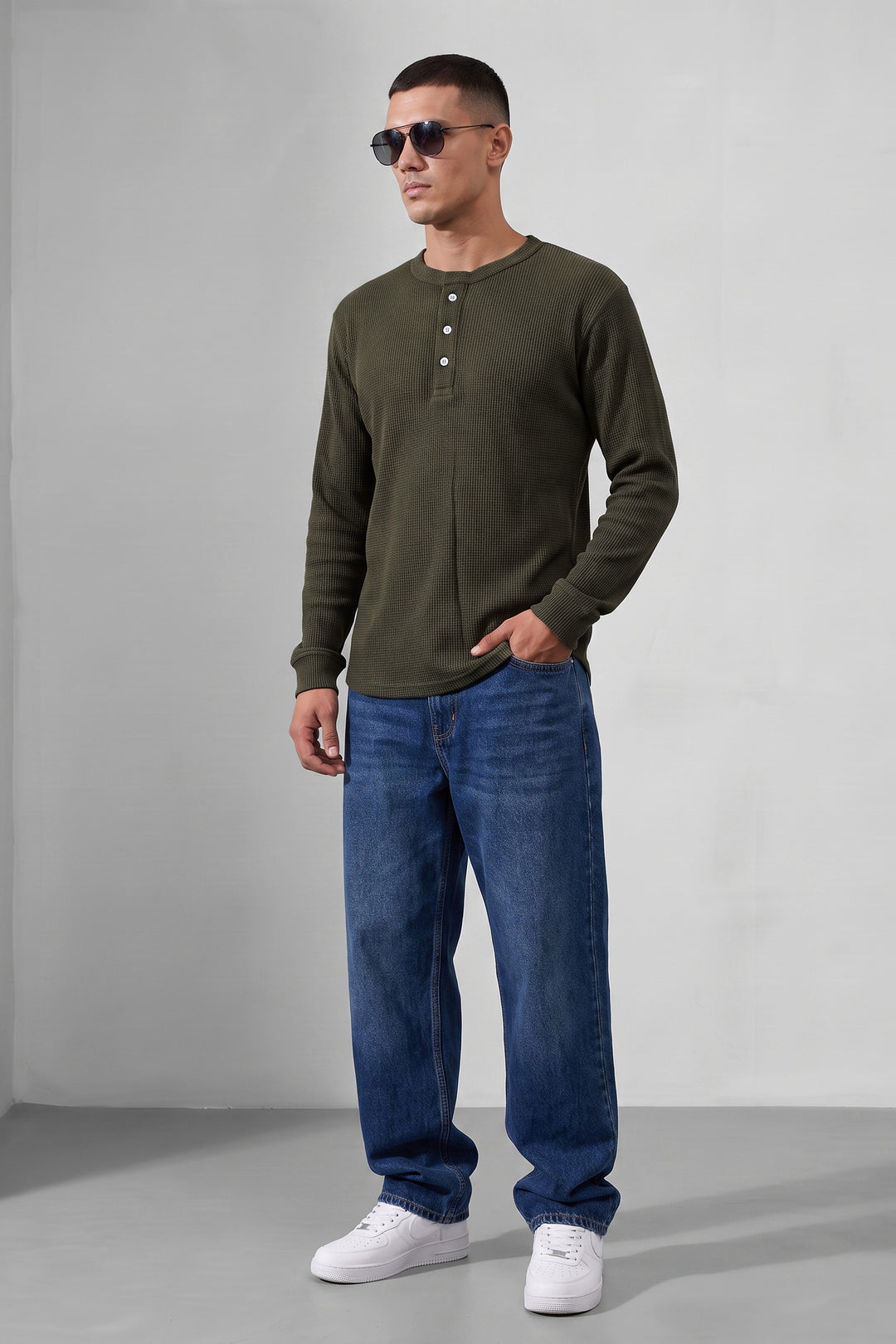 Olive Men’s Waffle Knit Henley T-Shirt | Full Sleeve Textured Casual Top | Button Placket Regular Fit Shirt for Casual & Everyday Wear