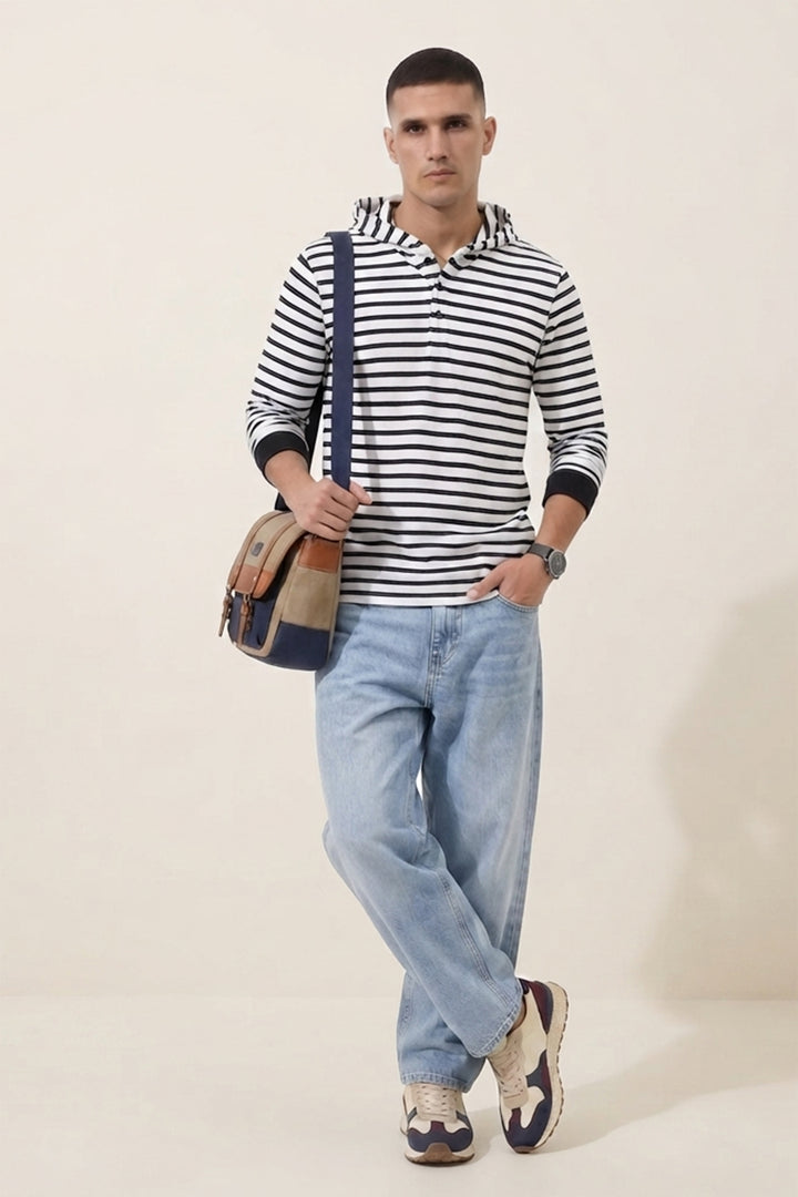 White Full Sleeve Cotton Hooded Neck T-Shirt